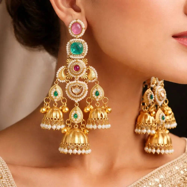 Royal Multilayer Pearl & Stone Jhumka Earrings
