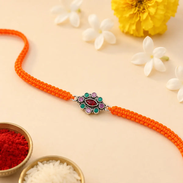 Royal Multicolour Marquise Silver Rakhi