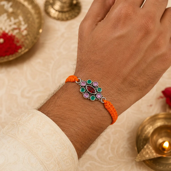 Royal Multicolour Marquise Silver Rakhi
