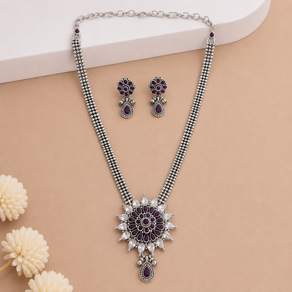 Ruby Floral Silver Necklace Set for Women | Frolic Jewels
