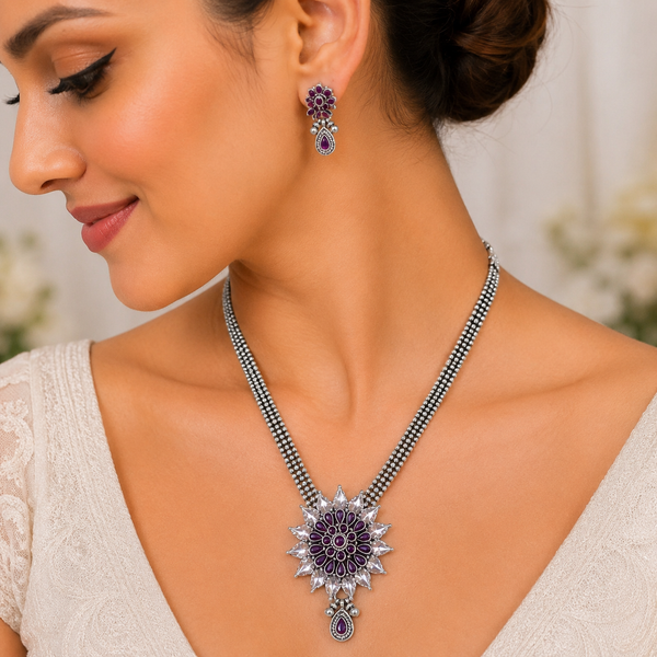 Ruby Floral Silver Necklace Set for Women | Frolic Jewels
