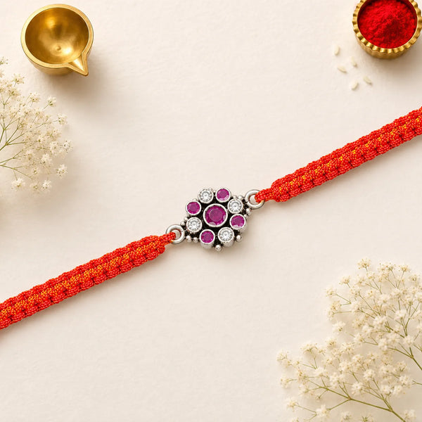 Ruby & White Crystal Floral Silver Rakhi