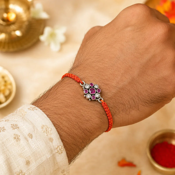 Ruby & White Crystal Floral Silver Rakhi