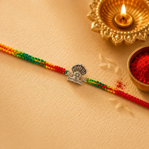 Sheshnag Shivling Silver Rakhi with Multicolour Thread | Frolic Jewels