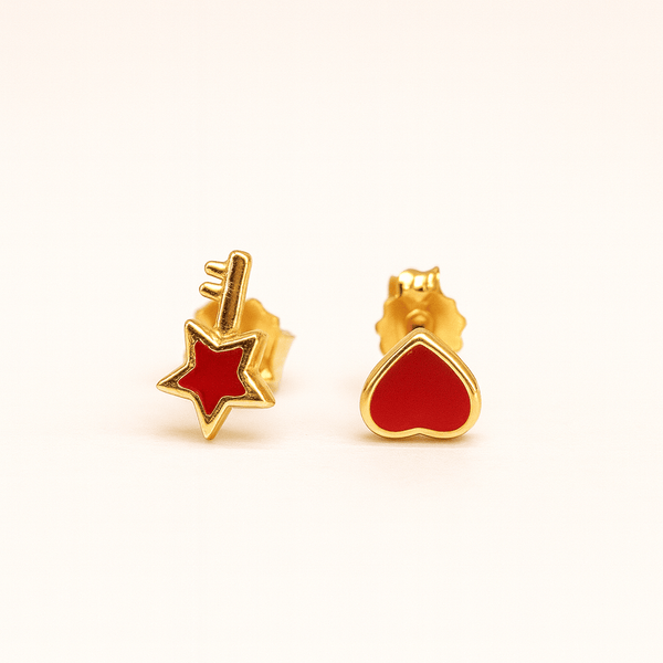 Silver Gold-Plated Red Heart & Star Key Stud Earrings