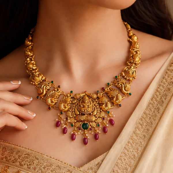 925 Silver Gold Plated Temple Lakshmi Haar