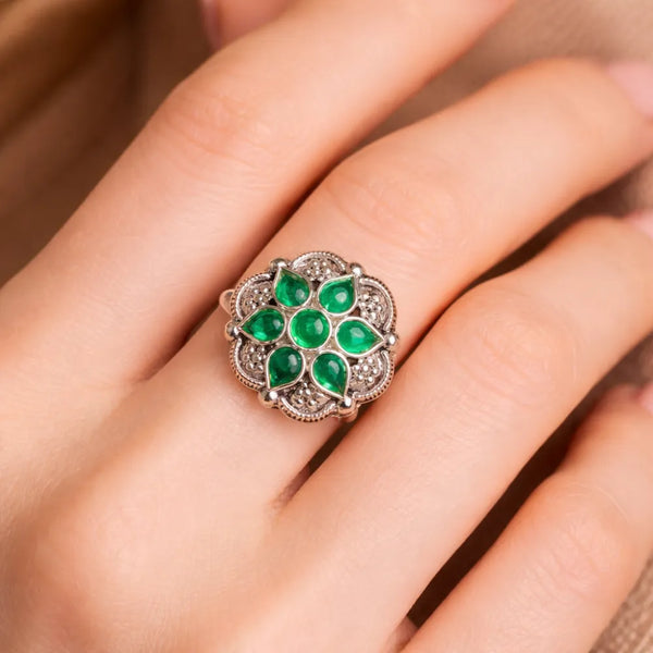 925 Silver Green Floral Stone Ring