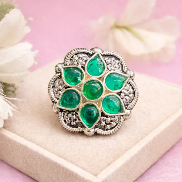 925 Silver Green Floral Stone Ring