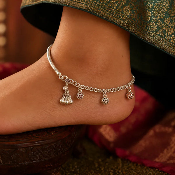 Silver Kada Payal with Chain Charms