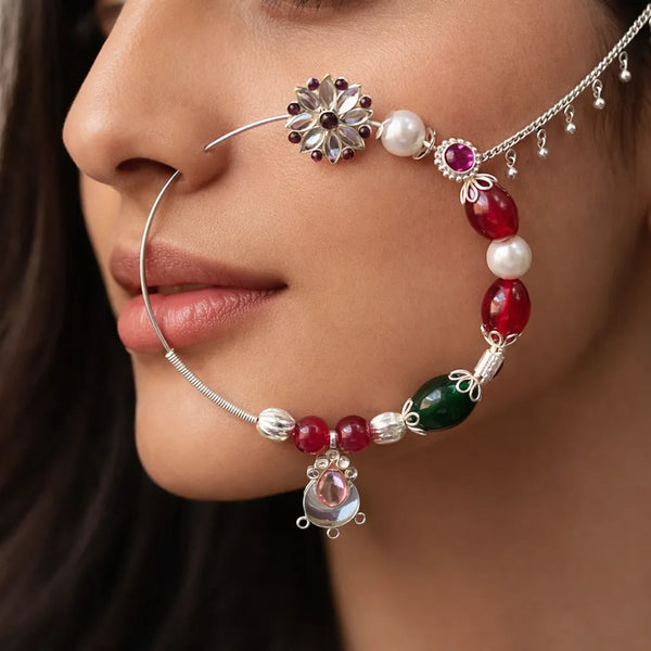 925 Silver Multicolor Floral Traditional Nath