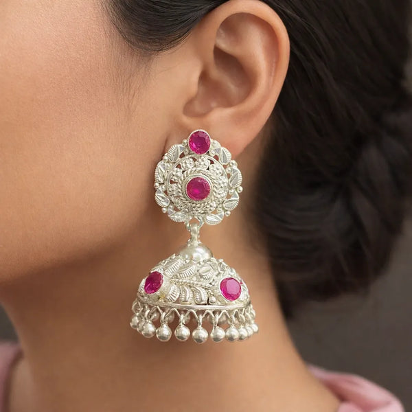 925 Silver Pink Stone Jhumka Earring