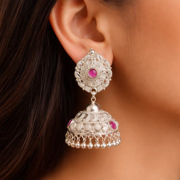 925 Silver Pink Stone Jhumka Earrings