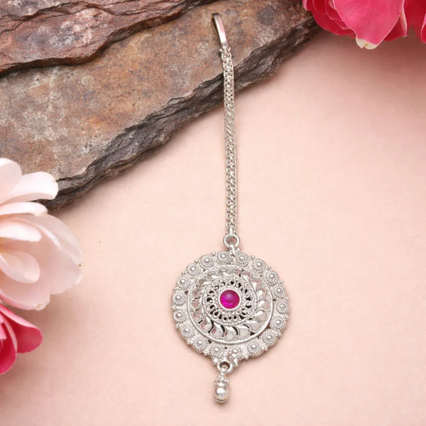 925 Silver Pink Stone Maangtika