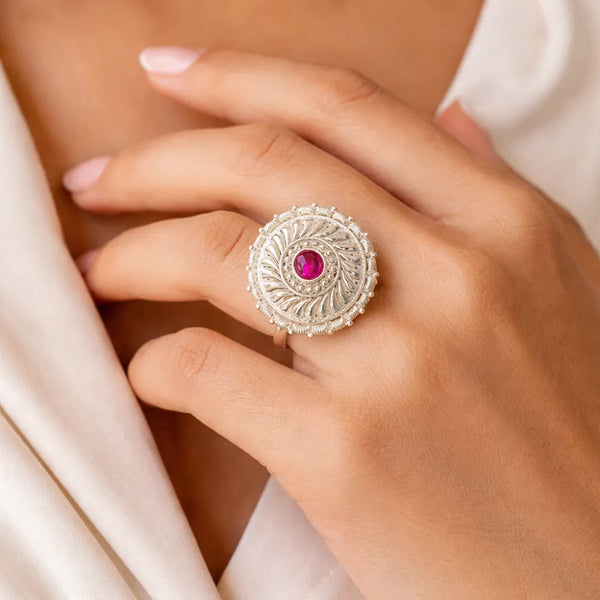 925 Silver Pink Stone Statement Ring