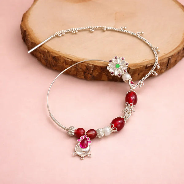 925 Silver Red Beaded Designer Nath