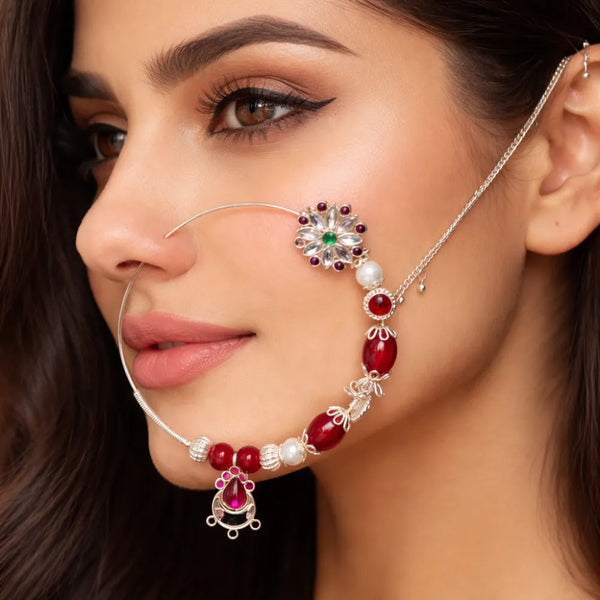925 Silver Red Beaded Designer Nath