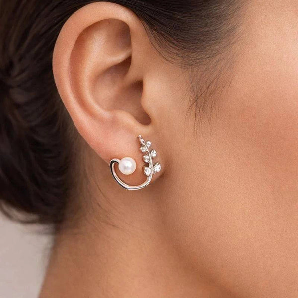 Silver Pearl Leaf Stud Earrings