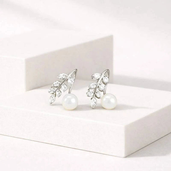 Silver Pearl Leaf Stud Earrings