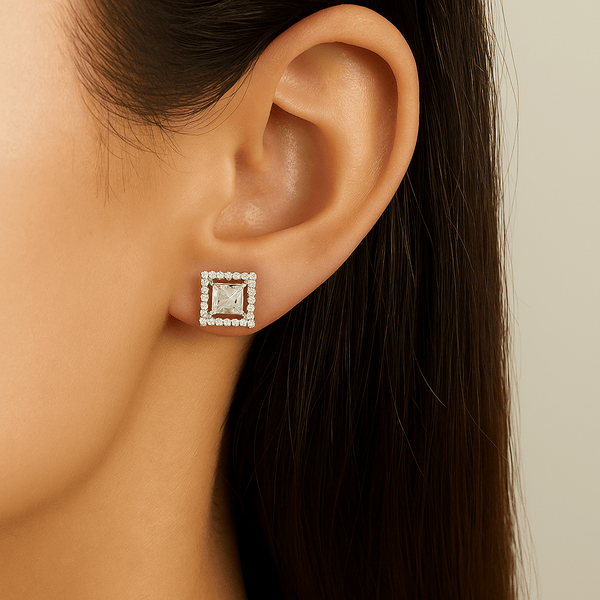 Square Sparkle Halo Stud Earrings in 925 Sterling Silver