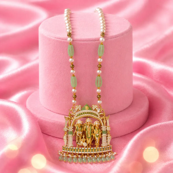 Temple Pearl Green Stone Gold Polish Necklace