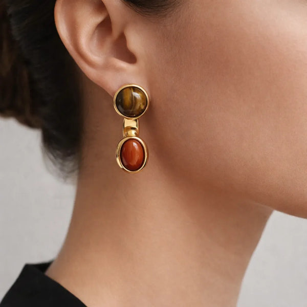 Tiger Eye Stone Drop Earrings – Anti Tarnish Gold Elegant Jewellery