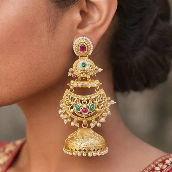 Traditional Gold Tone Kundan Pearl Jhumka Earrings