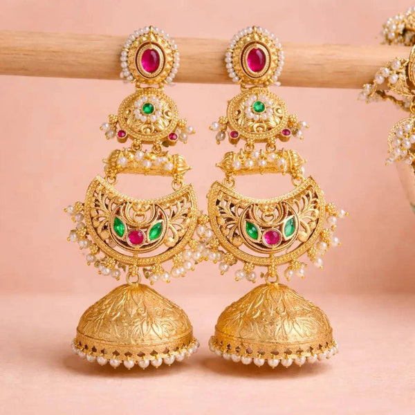 Traditional Gold Tone Kundan Pearl Jhumka Earrings