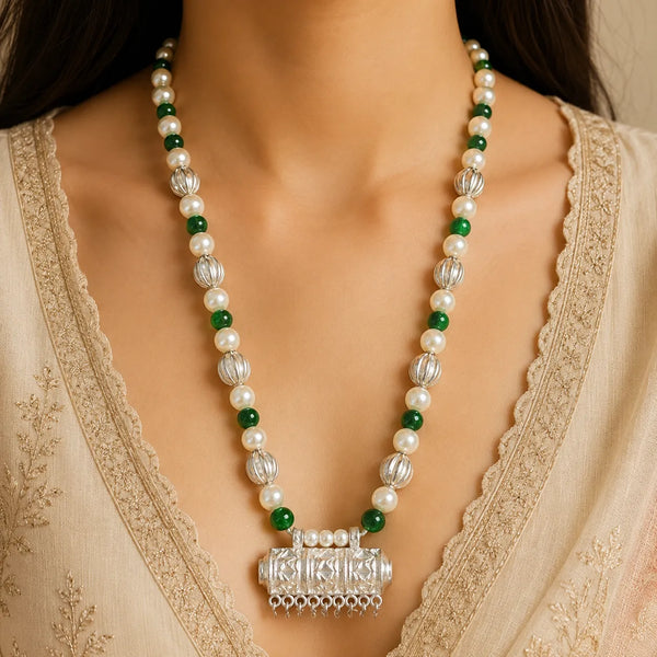 Traditional Green Pearl Beaded 925 Silver Jantar Necklace