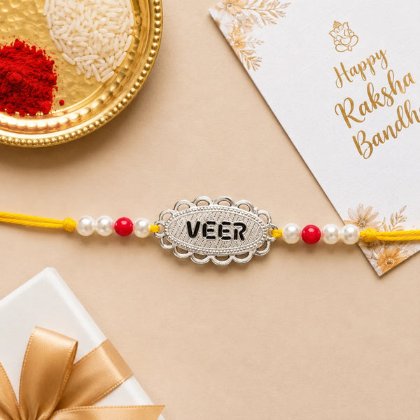 Veer Name Silver Rakhi with Pearl Beads