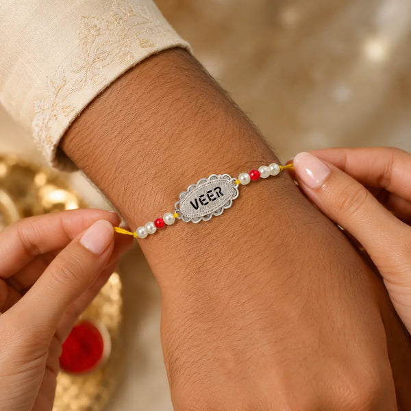 Veer Name Silver Rakhi with Pearl Beads