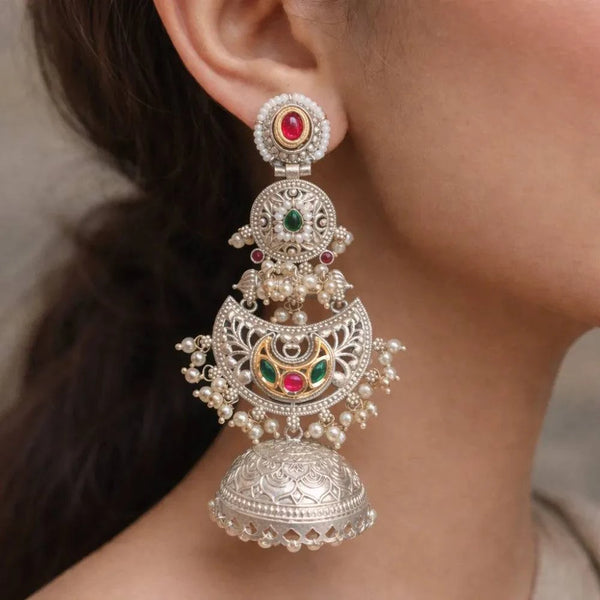 Vintage Silver Pearl Anti-Tarnish Jhumka Earrings