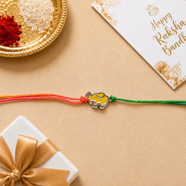 Yellow Elephant Silver Rakhi with Multicolour Thread | Raksha Bandhan Rakhi | Frolic Jewels