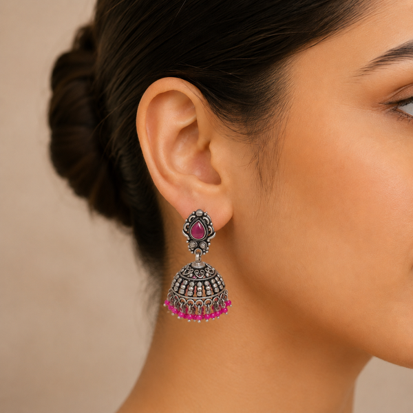 925 Silver Oxidized Jhumka Earrings with Pink Bead Drops