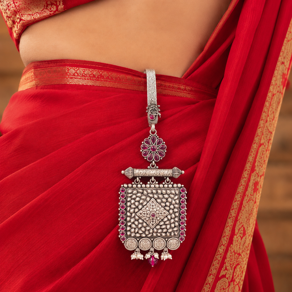 925 Silver Antique Floral Square Key Ring with Pink Stones | Frolic Jewels