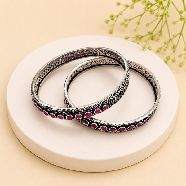 Oxidised Silver Ruby Stone Bangles for Women | Frolic Jewels
