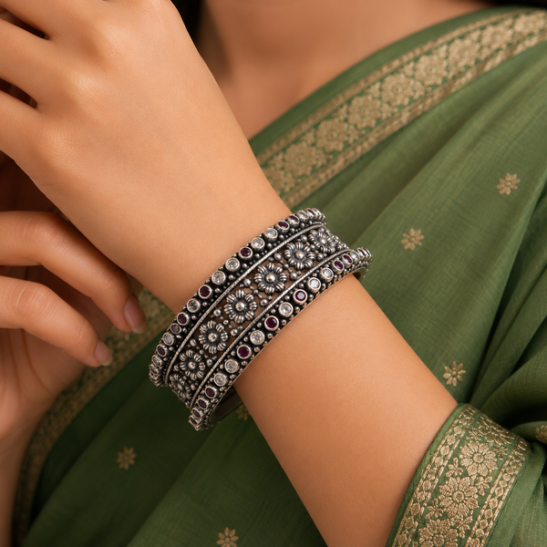 Oxidised Silver Ruby Floral Bangles | Frolic Jewels