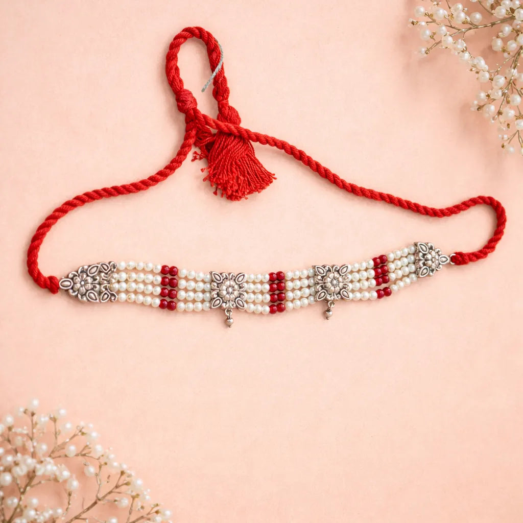 925 Silver Red & White Beaded Guluband