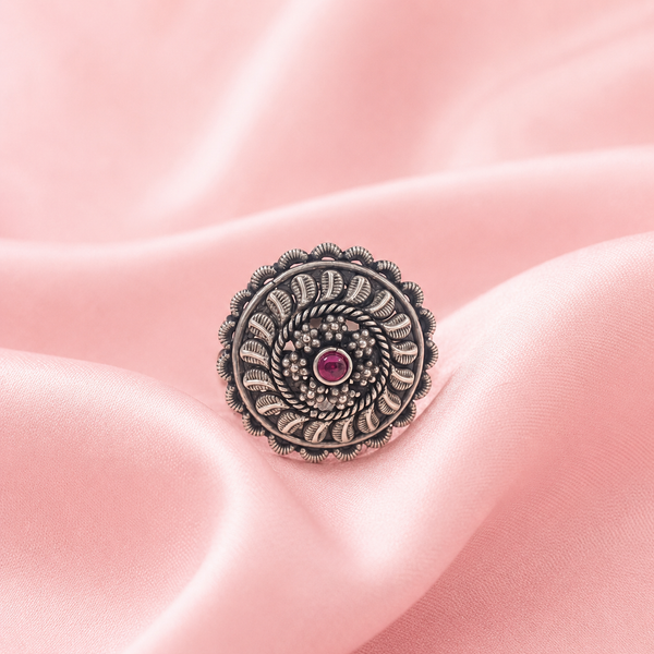 Oxidised Silver Ruby Floral Ring| Frolic Jewels