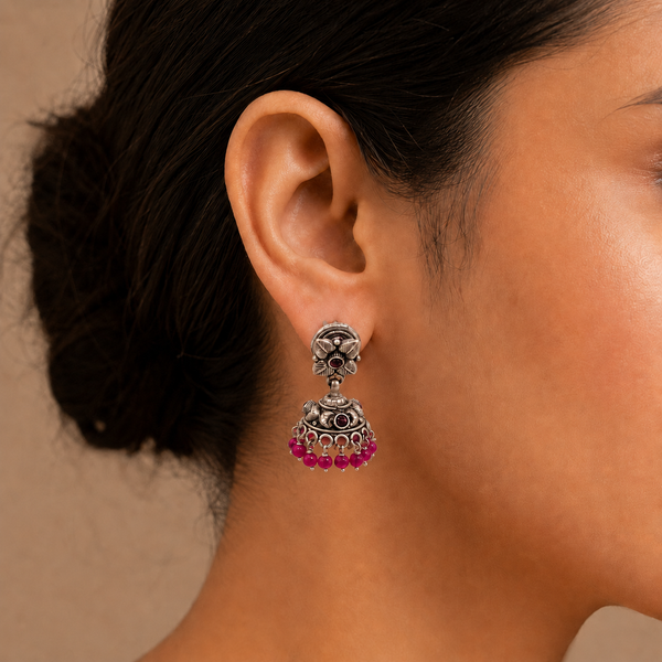 925 Silver Oxidized Floral Jhumka Earrings with Pink Beads