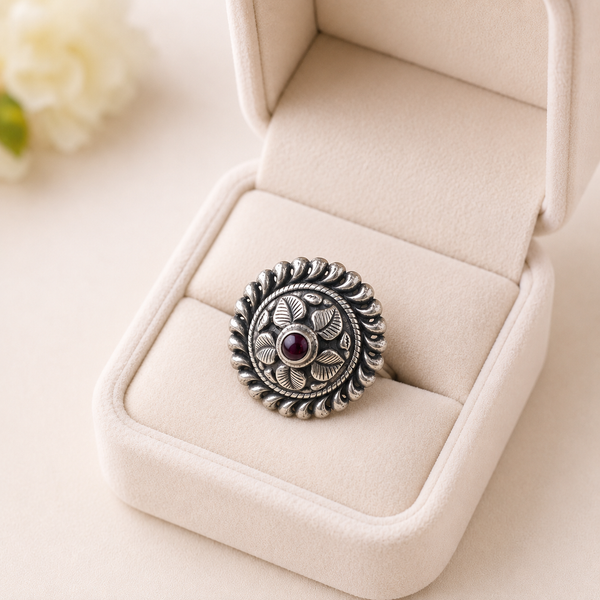 Oxidised Silver Ruby Leaf Ring for Women | Frolic Jewels