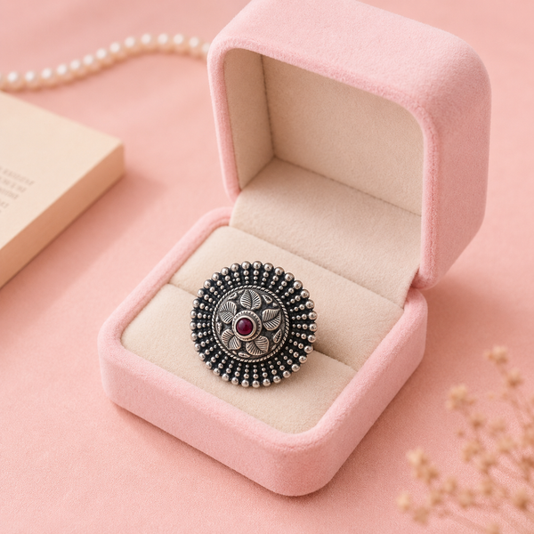 Oxidised Silver Ruby Leaf Ring| Frolic Jewels