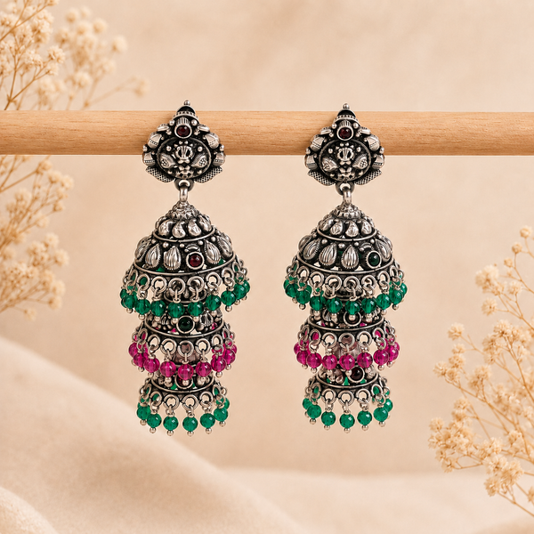 925 Silver Oxidized Multi-Layer Jhumka Earrings with Green & Pink Beads