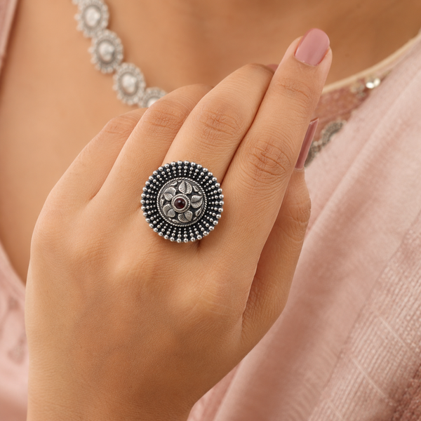 Oxidised Silver Ruby Leaf Ring| Frolic Jewels