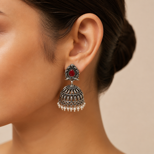 925 Silver Oxidized Jhumka Earrings with Red Stone & Pearl Drops