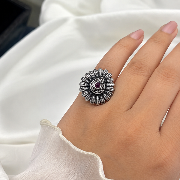 Oxidised Silver Ruby Drop Ring for Women | Frolic Jewels