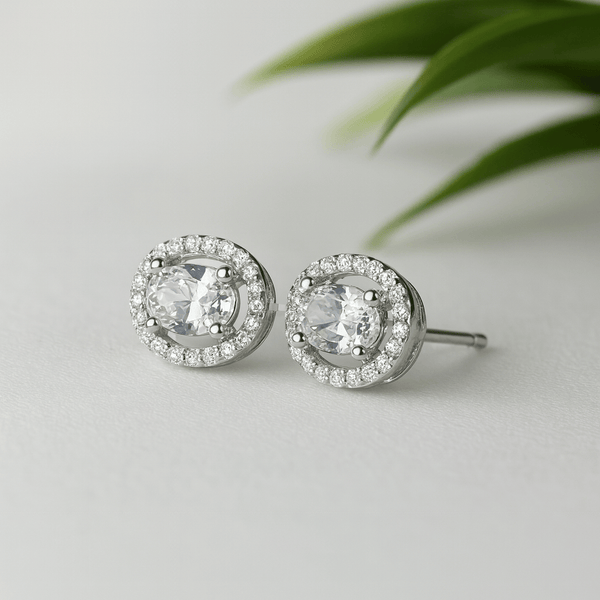 Silver Oval Halo  Stud Earrings