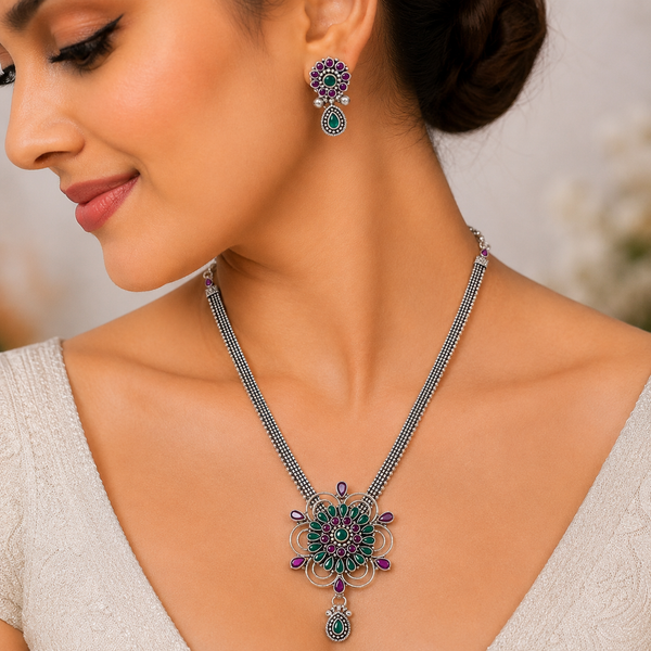 Elegant Silver Necklace Set with Pink & Green Stones | Frolic Jewels