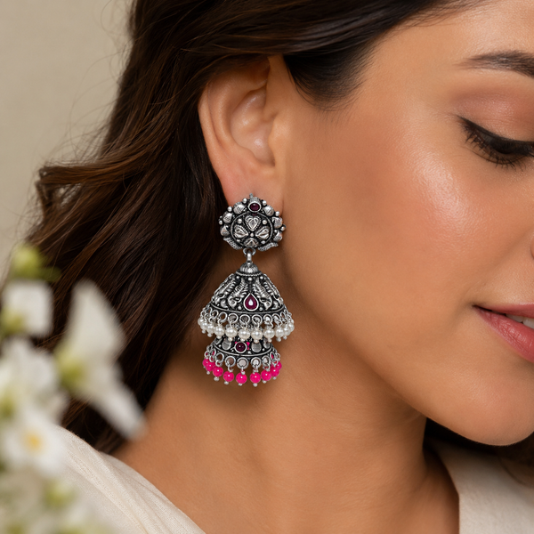925 Silver Oxidized Double Jhumka Earrings with Pearl & Pink Beads