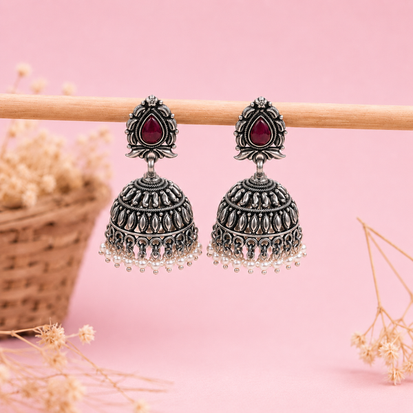 925 Silver Oxidized Jhumka Earrings with Red Stone & Pearl Drops