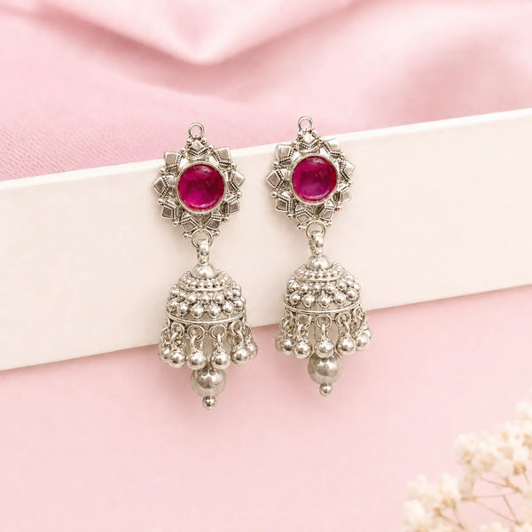 Ruby Stone Antique Silver Jhumki